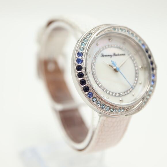 Tommy Bahama Silver Tone Blue Gem Set 35mm MOP Womens Watch Leather New Battery main image 2